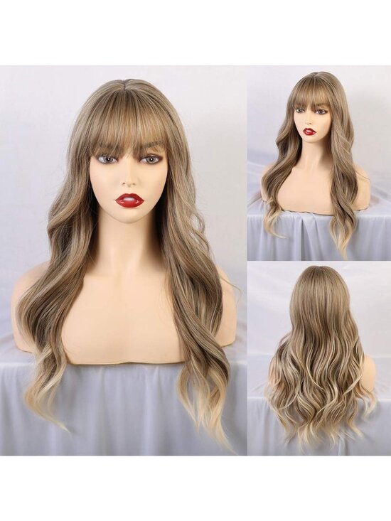 Women\'s Ash Blonde Resistant Long Curly Wavy Synthetic Wig with Bangs Size 26In main image 5